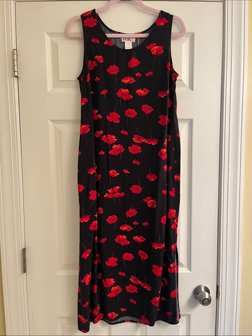 R&K Sleeveless Black Maxi Dress with Red Floral Print